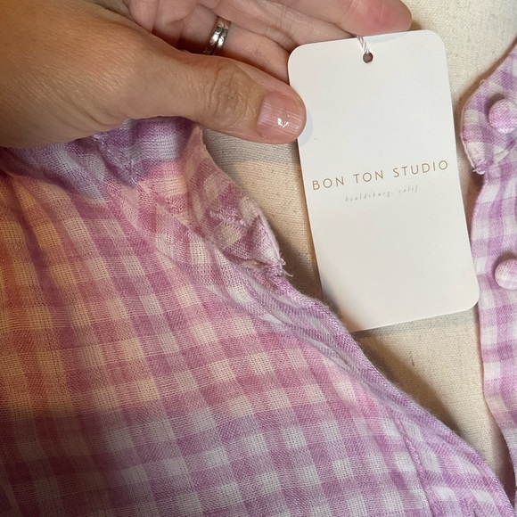 FRNCH Lavender Picnic Check Frill Balloon Sleeve Belted Mini Dress Size Medium - Picture 5 of 9